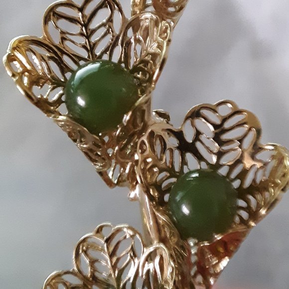 Green Cabochon Gold Tone Filigree Pin Brooch - Picture 4 of 6